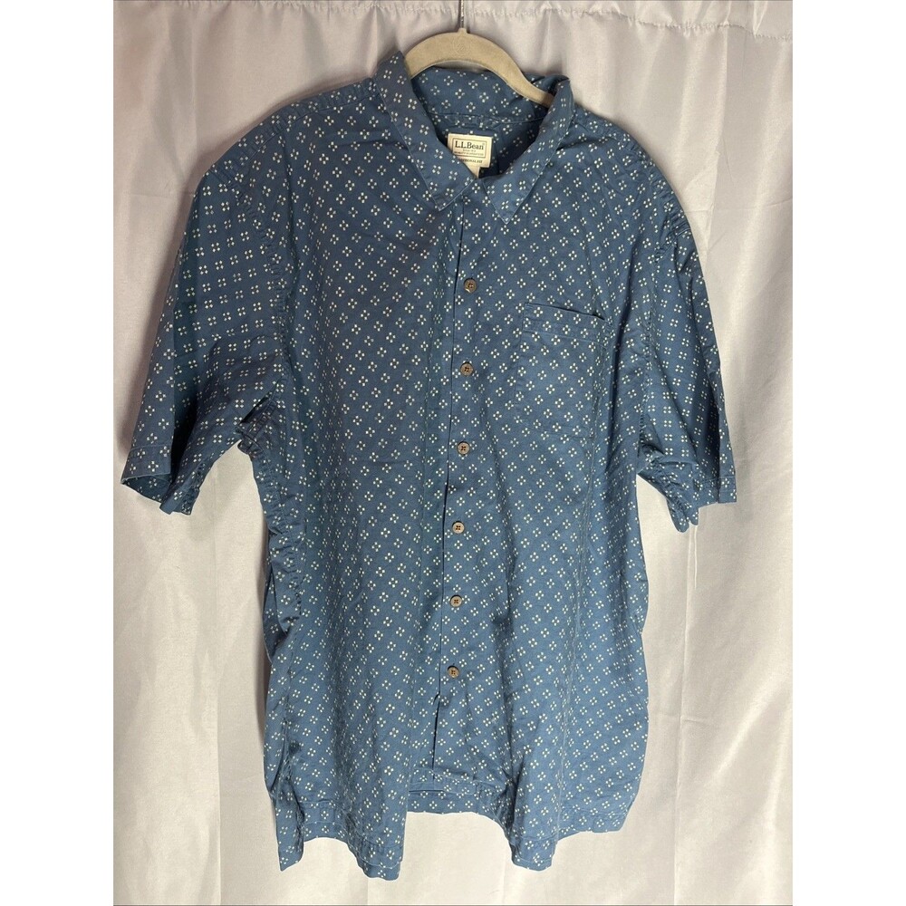LL Bean Short Sleeve Shirt Mens XXL Reg Blue Cotton Button Up Traditional Fit